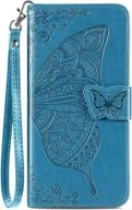 blue leather wallet case with butterfly & flower embossed design for samsung galaxy a32 5g (2021), flip phone cover with card slots and kickstand [not compatible with a32 4g] logo