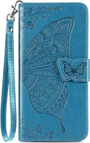 img 4 attached to Blue Leather Wallet Case with Butterfly & Flower Embossed Design for Samsung Galaxy A32 5G (2021), Flip Phone Cover with Card Slots and Kickstand [Not Compatible with A32 4G]