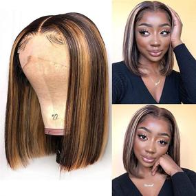 img 2 attached to 🌟 Vipbeauty парик Brazilian Straight 10 дюймов - Омбре выделенные коричневые и блонд переходы парик, без клея, предварительно выщипанный т-часть прозрачный кружевной парик из человеческих волос, 13x1x6, подчеркиваются 4/27