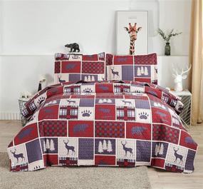 img 3 attached to 🏕️ Buffalo Plaid Rustic Lodge Cabin Quilt Set with Moose, Elk, and Bear Print - Reversible Festive Lightweight King Size Bedspread for Summer - Includes Bed Sheets, Quilt Blanket, Throw, and 2 Pillow Shams