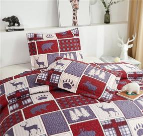 img 2 attached to 🏕️ Buffalo Plaid Rustic Lodge Cabin Quilt Set with Moose, Elk, and Bear Print - Reversible Festive Lightweight King Size Bedspread for Summer - Includes Bed Sheets, Quilt Blanket, Throw, and 2 Pillow Shams