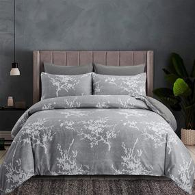 img 4 attached to Oentyo Floral Queen Size Duvet Cover Set - Soft Microfiber with Gray & White Plum Blossom Flower Pattern - Includes 1 Duvet Cover & 2 Pillowcases with Zipper & Corner Ties (Gray, Queen)