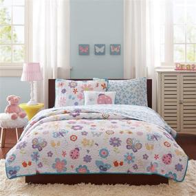 img 4 attached to 🌸 Mi Zone Kids - Fluttering Farrah Quilted Coverlet & Sheet Set - Full Size Bedding - Floral Print in White, Blue and Purple - 8-Piece Set Included