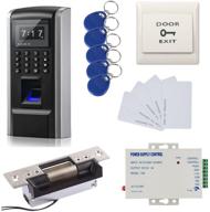 🔒 biometric fingerprint access control system with strike lock, exit button, and power supply box. includes frid cards and key fobs for fingerprint, password, and id card entry. logo