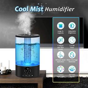 img 3 attached to 💧 Ultrasonic Cool Mist Humidifier for Bedroom Baby, 3L Large Capacity with Remote Control, 7 Colors Night Light, 6 Dimmer Levels, Adjustable Mist Levels, Timer, Auto Shut-Off - Ideal for Large Room, Black