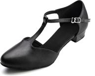 👠 dress first flats: women's low heel genuine leather t-strap latin ballroom salsa shoes, 1-inch heel логотип