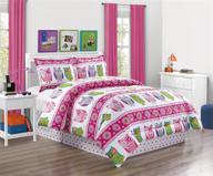 🦉 girls kids full size bedding set: owl design polka dot tween teen dream bed in a bag - love, hearts - hot pink, purple, blue, green and white - 4-piece comforter set logo