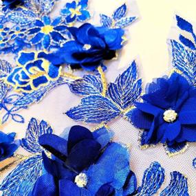 img 2 attached to Blue 3D Long Lace Embroidery Applique Motif Sewing Rhinestone Fabrics African French Fabric for Wedding Dress - 38x102 cm