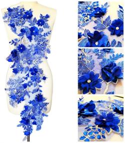 img 4 attached to Blue 3D Long Lace Embroidery Applique Motif Sewing Rhinestone Fabrics African French Fabric for Wedding Dress - 38x102 cm