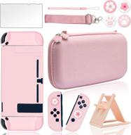 brhe cute travel carrying case for nintendo switch / switch oled - accessories kit with protective cover, tempered glass screen protector, adjustable stand, thumb grip caps - 10 in 1 - switch pink logo