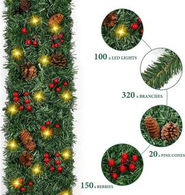 img 2 attached to 🎄 Sparkling 12 Ft Christmas Garland: Artificial Xmas Greenery with 100 Lights, Pine Cones, and Red Berries for Indoor/Outdoor Decoration