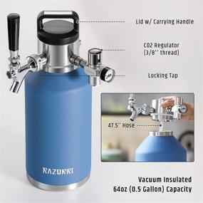 img 2 attached to 🍺 Razorri 64oz Stainless Steel Beer Growler - Double-Wall Vacuum Insulated Carbonated Keg with Professional Bar Tap and CO2 Regulator, Half Gallon Capacity - Ocean Blue