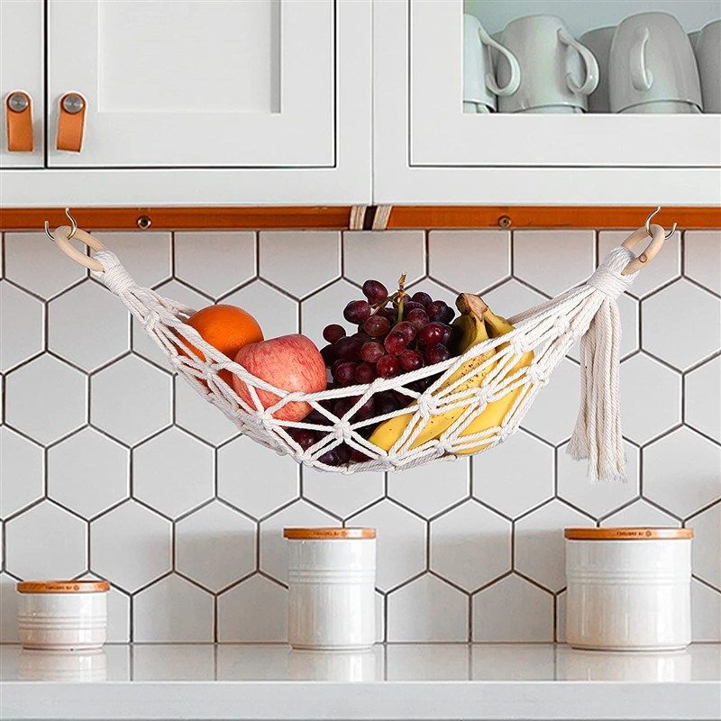 Fruit Veggie Hammock Under Cabinet Hanging Fruit Basket Boho Handmade  Hammock Kitchen Storage Bonus 4 Screw-in Hooks and 1 S Hook 