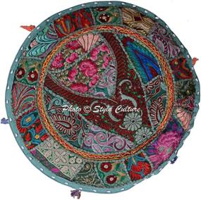 img 2 attached to 🌼 Stylo Culture Ethnic Cotton Patchwork Embroidered Pouffe Ottoman Stool Pouf Cover - 18 inches, Green Floral Pattern - Bean Bag Round Footstool Floor Cushion for Indian Inspired Home Décor
