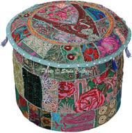 🌼 stylo culture ethnic cotton patchwork embroidered pouffe ottoman stool pouf cover - 18 inches, green floral pattern - bean bag round footstool floor cushion for indian inspired home décor logo