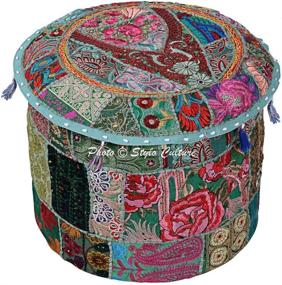img 4 attached to 🌼 Stylo Culture Ethnic Cotton Patchwork Embroidered Pouffe Ottoman Stool Pouf Cover - 18 inches, Green Floral Pattern - Bean Bag Round Footstool Floor Cushion for Indian Inspired Home Décor