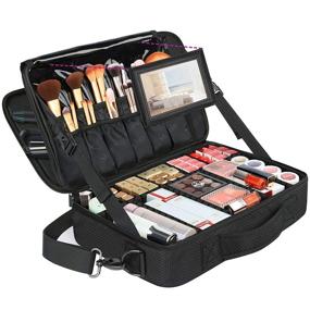 img 4 attached to Waterproof Travel Makeup Bag with Mirror - Large Professional Cosmetic Train Case and Organizer, Adjustable Divider - Portable 16.5 Inch Black Makeup Storage Bag for Women