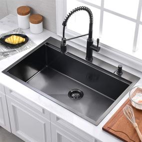 img 2 attached to 🚰 33 Black Stainless Steel Drop In Kitchen Sink: Workstation 16 Gauge Gunmetal Matte Black Single Bowl