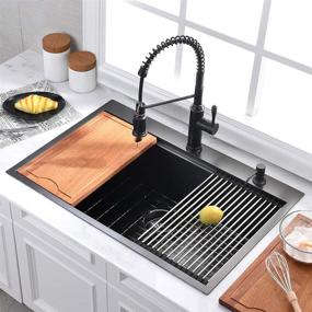 img 3 attached to 🚰 33 Black Stainless Steel Drop In Kitchen Sink: Workstation 16 Gauge Gunmetal Matte Black Single Bowl