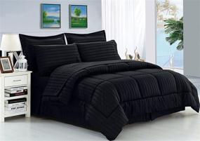 img 1 attached to Elegant Comfort Wrinkle Resistant - Silky Soft Dobby Stripe Bed-in-a-Bag 8-Piece Comforter Set - Full/Queen, Black: Luxurious Black Bedding Set for Full/Queen Size Beds