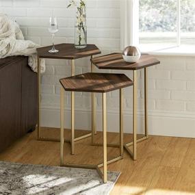 img 3 attached to 🌰 Stylish Walker Edison Modern Hexagon Nesting Side End Table Set with Storage - Set of 3 in Dark Walnut and Gold