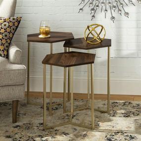 img 1 attached to 🌰 Stylish Walker Edison Modern Hexagon Nesting Side End Table Set with Storage - Set of 3 in Dark Walnut and Gold