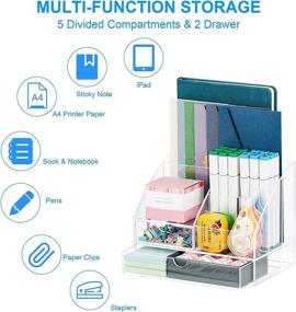 img 2 attached to 📏 Upgraded Clear Acrylic Desk Organizer with Drawer - Desk Caddy Storage, Pen Holder, and Accessories - All-in-One Desktop Organizer for Office, College, Art Supplies, and More