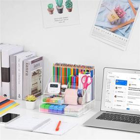 img 3 attached to 📏 Upgraded Clear Acrylic Desk Organizer with Drawer - Desk Caddy Storage, Pen Holder, and Accessories - All-in-One Desktop Organizer for Office, College, Art Supplies, and More