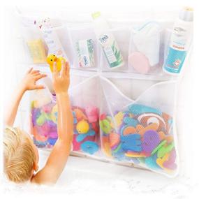 img 4 attached to 🛁 Tub Cubby Really Big Bath Toy Storage - Hanging Toy Holder with Hooks, 30x23 Mesh Net Shower Caddy for Kids Bathroom Decor, Bedroom & Car Toy Organizer - Bonus Rubber Duck & Hooks