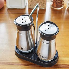 img 1 attached to Stainless Steel and Glass Salt and Pepper Shakers Set with Holder - 4oz Dispenser