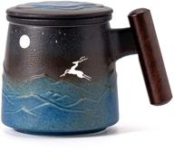 🌙 tang pin moon deer ceramic tea mug with infuser and lid - 14.5 oz, black & blue logo