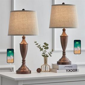 img 2 attached to Modern USB Table Lamp Set of 2 for Living Room Bedroom Bedside Lamps with Charging Port, BOBOMOMO 25.25'' Height, Fabric Drum Shade, Oil Rubbed Bronze Finish