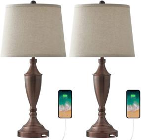 img 1 attached to Modern USB Table Lamp Set of 2 for Living Room Bedroom Bedside Lamps with Charging Port, BOBOMOMO 25.25'' Height, Fabric Drum Shade, Oil Rubbed Bronze Finish