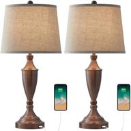 modern usb table lamp set of 2 for living room bedroom bedside lamps with charging port, bobomomo 25.25'' height, fabric drum shade, oil rubbed bronze finish логотип