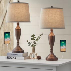 img 3 attached to Modern USB Table Lamp Set of 2 for Living Room Bedroom Bedside Lamps with Charging Port, BOBOMOMO 25.25'' Height, Fabric Drum Shade, Oil Rubbed Bronze Finish