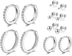 img 4 attached to 💎 Set of 3 Small Hoop Earrings for Women in Sterling Silver, Hypoallergenic CZ Cartilage Huggie Hoops, Dainty Round Ball Studs for Girls