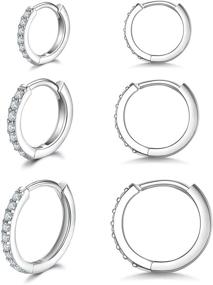 img 2 attached to 💎 Set of 3 Small Hoop Earrings for Women in Sterling Silver, Hypoallergenic CZ Cartilage Huggie Hoops, Dainty Round Ball Studs for Girls