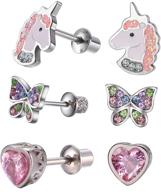 hypoallergenic unicorn butterfly heart stud earring set with secure screwback - perfect for kids, toddlers, little girls, and baby girls logo