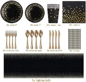 img 3 attached to 🎉 201-Piece Black and Gold Party Supplies for 25 Guests | Gold Dot Disposable Dinnerware Set | Black Paper Plates, Napkins, Cups | Gold Plastic Forks, Knives, Spoons | Ideal for Graduation, Birthday, Wedding