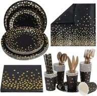 🎉 201-piece black and gold party supplies for 25 guests | gold dot disposable dinnerware set | black paper plates, napkins, cups | gold plastic forks, knives, spoons | ideal for graduation, birthday, wedding logo