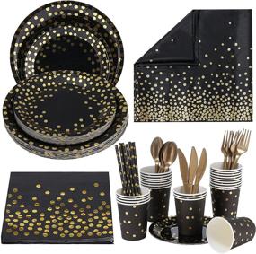 img 4 attached to 🎉 201-Piece Black and Gold Party Supplies for 25 Guests | Gold Dot Disposable Dinnerware Set | Black Paper Plates, Napkins, Cups | Gold Plastic Forks, Knives, Spoons | Ideal for Graduation, Birthday, Wedding