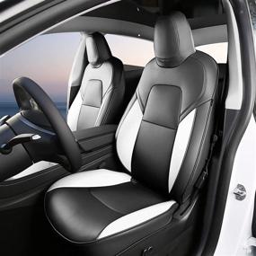 img 4 attached to 🔘 Premium Custom Fit Tesla Model Y Seat Cover - Black and White Leather Car Seat Cushion Protector for 2020-2021 Model Y