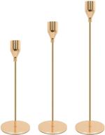 set of 3 decorative candlestick holders for taper candles - wedding, dining, party - fits 3/4 inch thick candle & led candles - gold brass metal candle stand logo