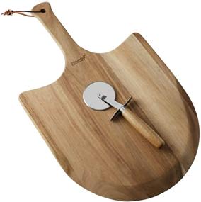 img 4 attached to 🍕 Hecef Acacia Wood Pizza Board Set: Long Handle Pizza Peel, Cutter & Large Serving Board for Homemade Pizza, Cheese, Fruits & Cake - 12 Inch