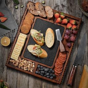 img 3 attached to 🧀 Shanik Acacia Cheese Board Set - Upgraded Square Shaped Charcuterie Set, Cheese Platter with Double Sided Slate, Handcrafted Design and Stainless Steel Cutlery Set - Ideal for Every Occasion