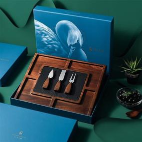 img 2 attached to 🧀 Shanik Acacia Cheese Board Set - Upgraded Square Shaped Charcuterie Set, Cheese Platter with Double Sided Slate, Handcrafted Design and Stainless Steel Cutlery Set - Ideal for Every Occasion