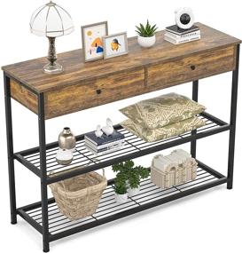 img 4 attached to Ecoprsio Narrow Long Console Table with Drawers and Storage Shelves for Entryway, Living Room, Kitchen - 40 Inch Rustic Brown Industrial Sofa Table for Front Hall, Hallway, Sofa, Couch