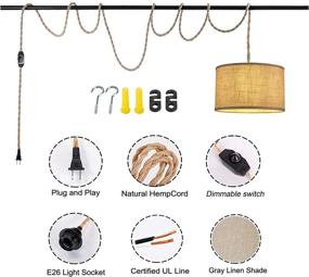 img 1 attached to 💡 XININSUN Plug in Pendant Light: 2 Pack, Twisted Hemp Rope Cord Kit, Dimmable Switch, Light Linen Lamp Shade - Ideal for Bedroom, Living Room, Dining Room