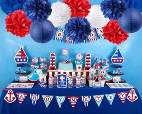 img 2 attached to 🎉 Nautical Party Decor - Navy Blue & Mixed Red/White Pom Poms, Tissue Paper Lanterns | Patriotic Captain America Party Supplies for Baby Shower, Boy Scout Banquet, Birthday Celebrations