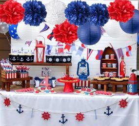 img 1 attached to 🎉 Nautical Party Decor - Navy Blue & Mixed Red/White Pom Poms, Tissue Paper Lanterns | Patriotic Captain America Party Supplies for Baby Shower, Boy Scout Banquet, Birthday Celebrations